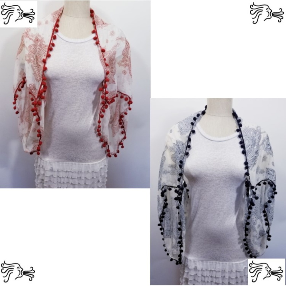 Women Shrug Wrap Blue or Red Pom Pom Fringe